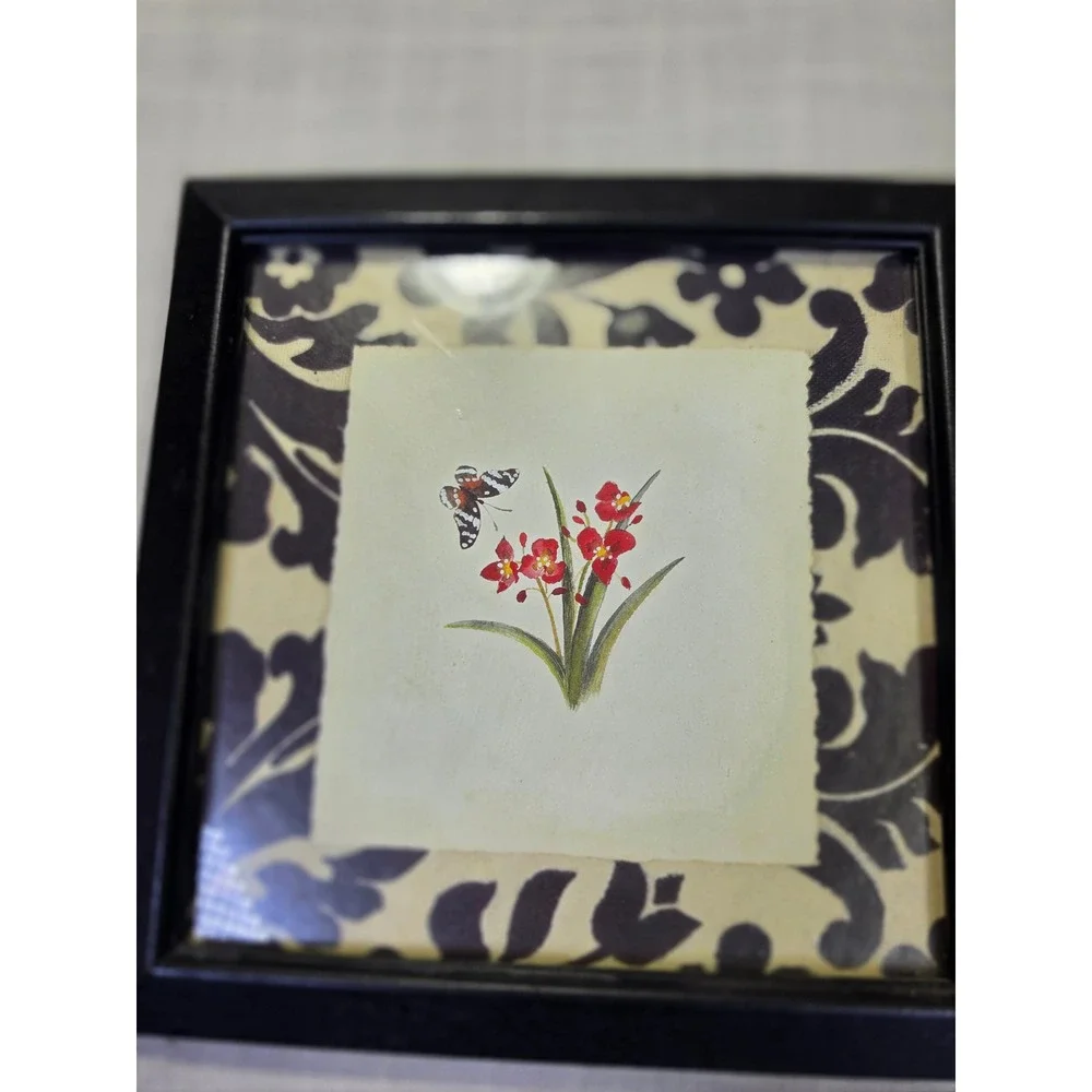 Home Interiors Set of 4 Framed Floral Butterfly Damask Wall Art Black Red 8.5in